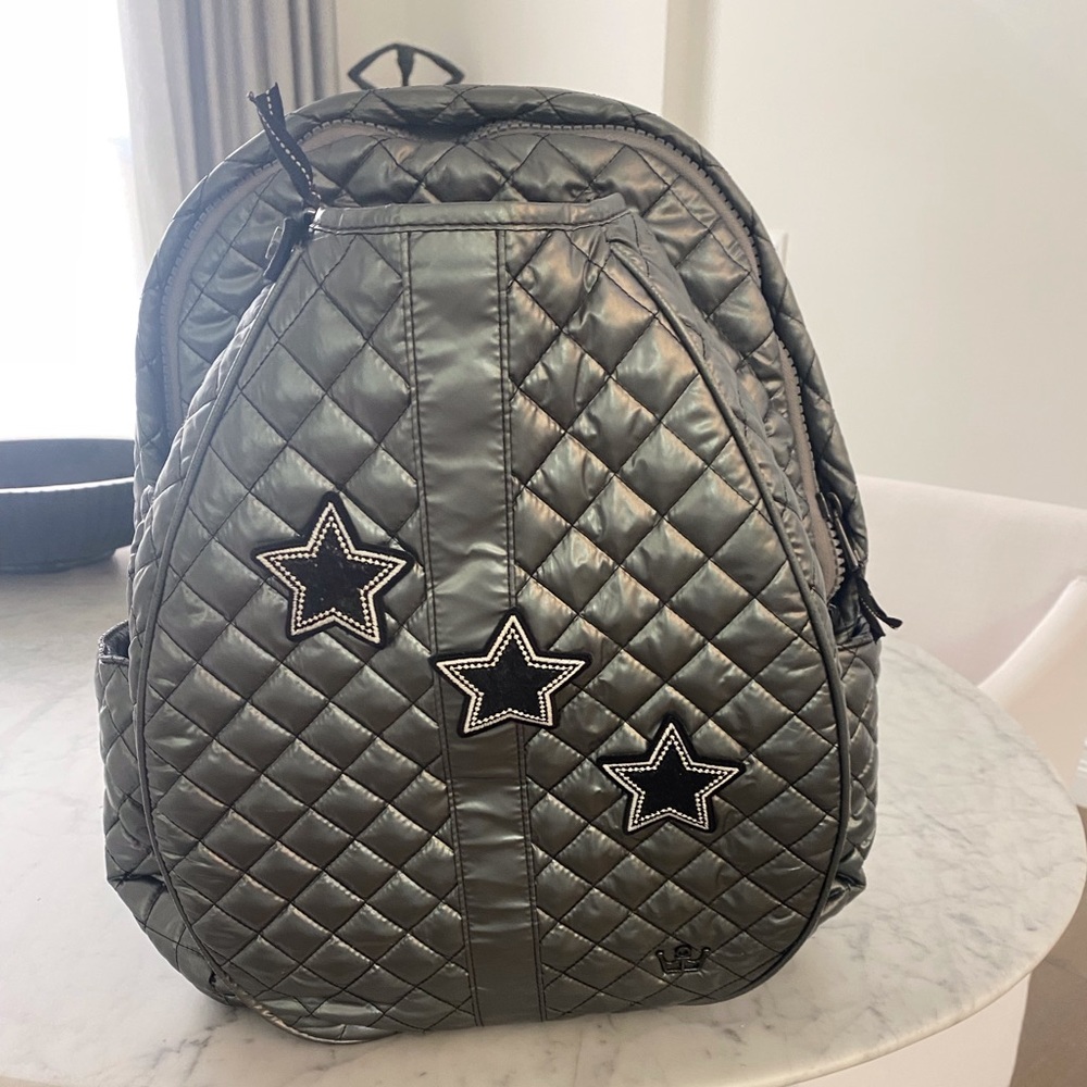 Oliver Thomas Tennis Backpack metallic gunmetal, red lining. Like new